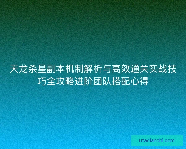 天龙杀星副本机制解析与高效通关实战技巧全攻略进阶团队搭配心得